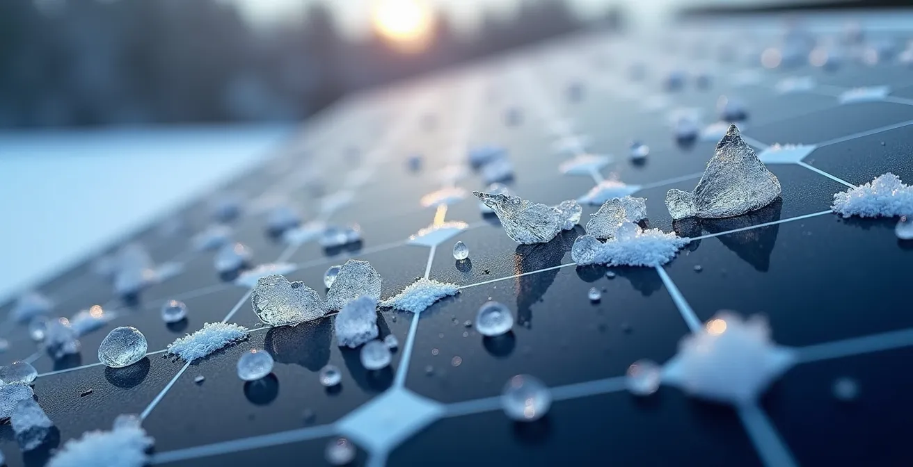 Extreme close-up of ice crystals and snow on solar panel surface showing winter maintenance challenges