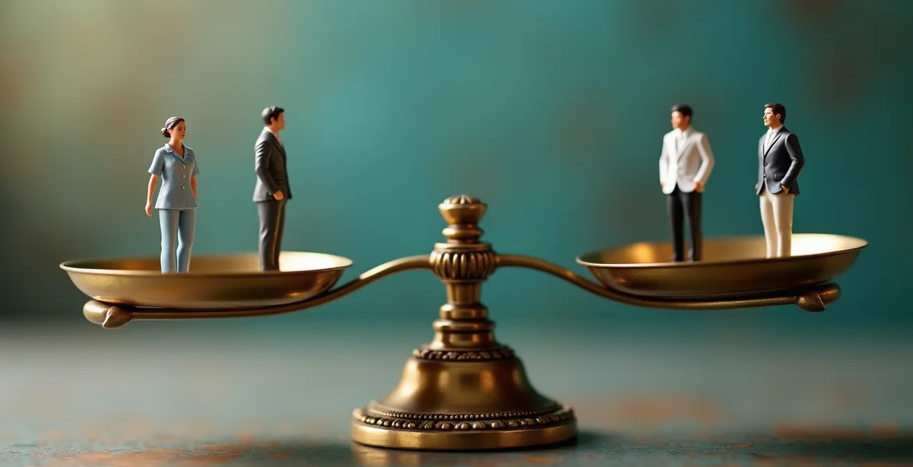 Macro shot of balance scales with diverse professional miniatures representing equal work value assessment